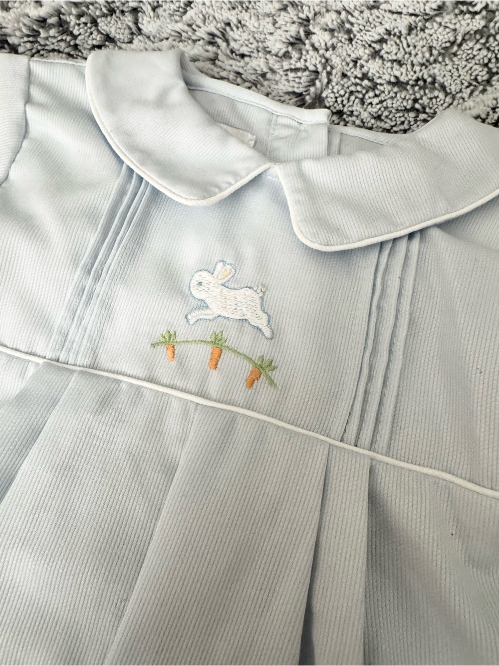 Petit Ami Light Blue Peter Pan Collar One-Piece with Bunny and Carrot Embroidery